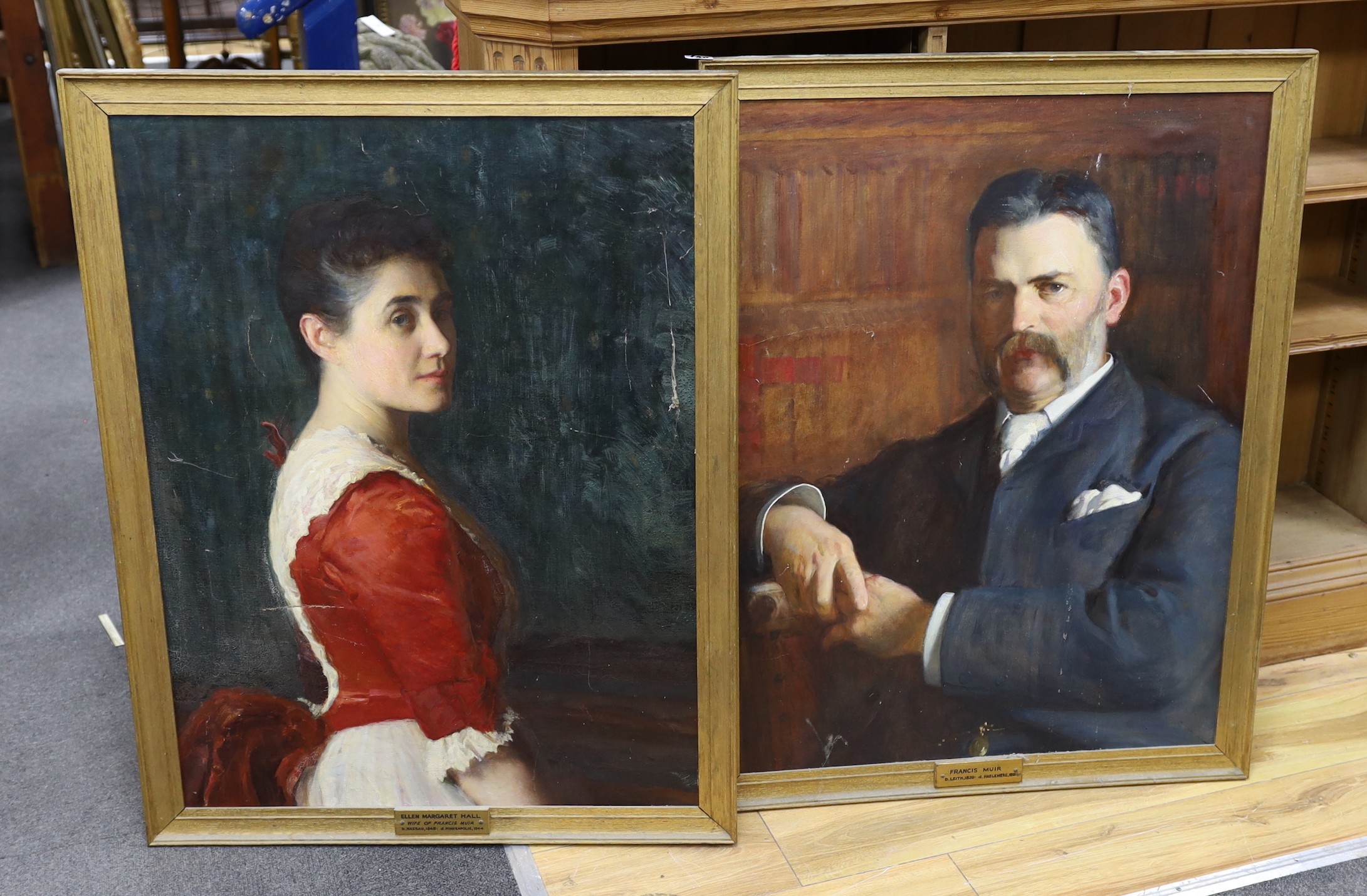 Frederick Samuel Beaumont, R.I. (b.1861, exh.1884-1922), a pair of oils on canvas, portrait of Ellen Margaret Hall (1848-1944), unsigned, 83 x 62cm, together with a portrait of Francis Muir (1839-1912), unsigned, 83 x 61